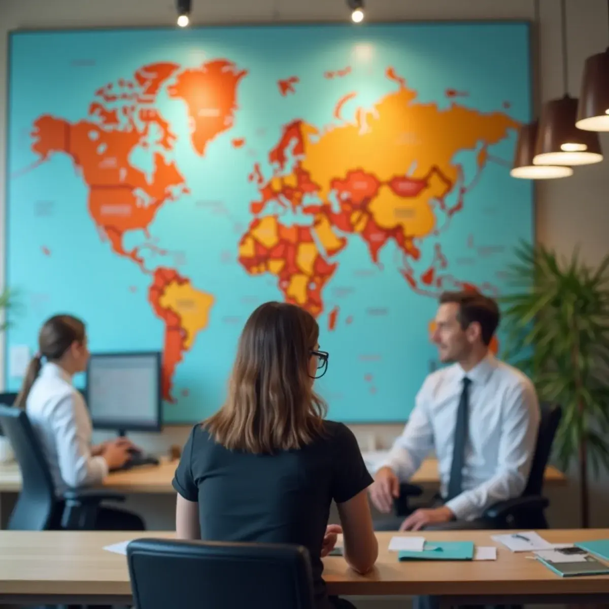 About WarBird Flight: a small independent travel agency office with a wall map, agents at desks with headsets, and a welcoming front desk, natural light