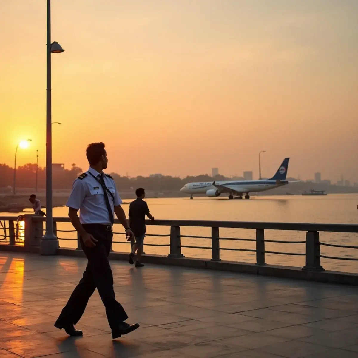Flights to Sardar Vallabhbhai Patel International Airport (AMD): Ahmedabad Sabarmati Riverfront promenade at sunset with the city beyond