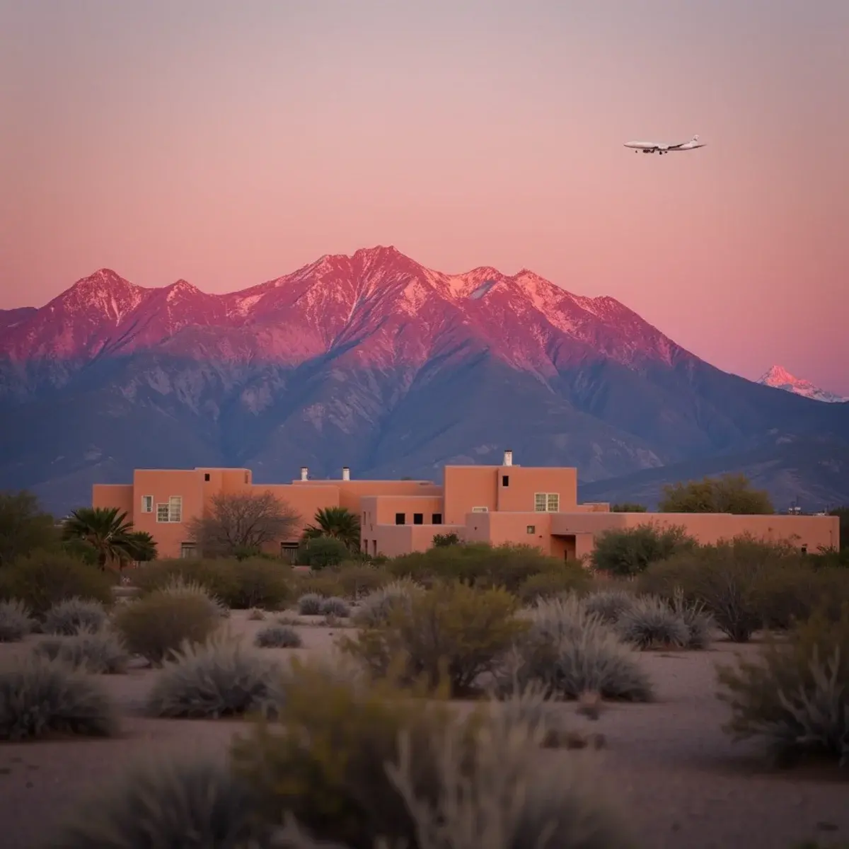 Flights to Albuquerque: Albuquerque Sandia Mountains glowing pink at sunset over adobe homes and desert scrub