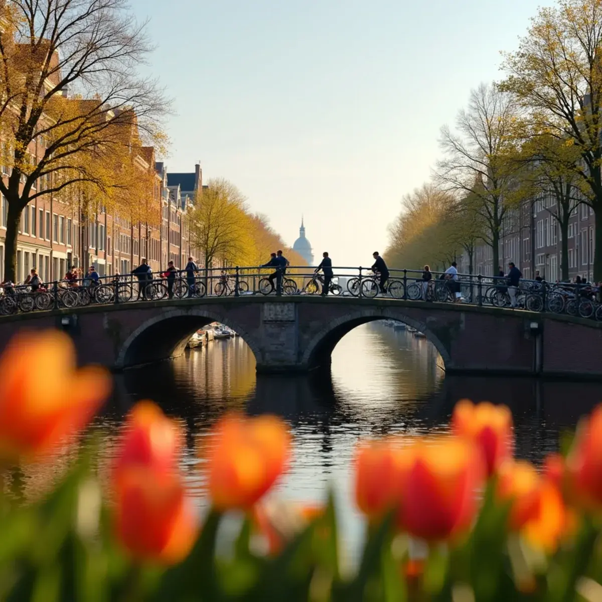 Cheap flights to Amsterdam: Amsterdam canal houses with bicycles on a bridge, tulips, soft morning light