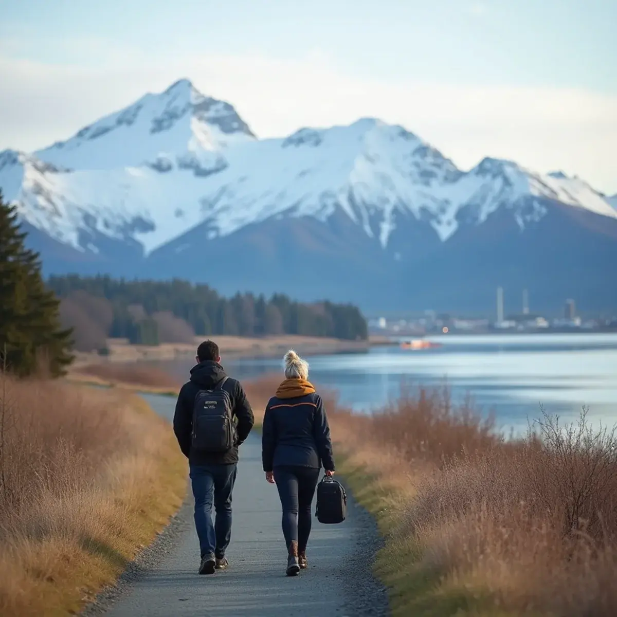 Flights to Ted Stevens Anchorage International Airport (ANC): Anchorage Cook Inlet coastal trail with the Chugach Mountains snow-capped behind the city