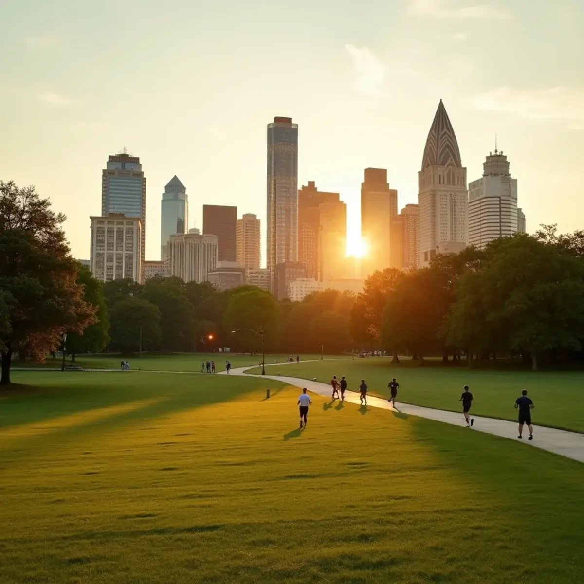 Boston to Atlanta: downtown Atlanta skyline from Piedmont Park at golden hour, green lawns, joggers on the path