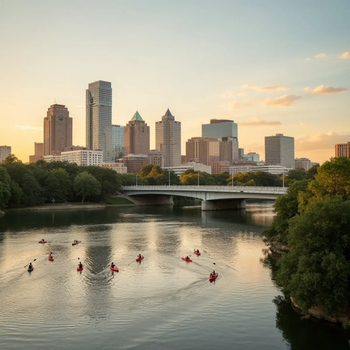 Flights to Austin: Austin skyline across Lady Bird Lake with kayakers, Congress Avenue Bridge, warm Texas evening