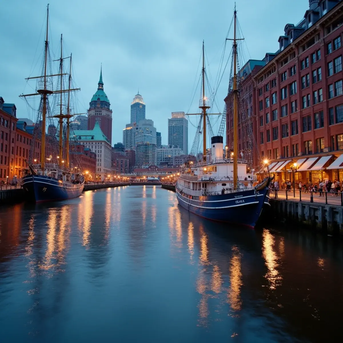 Flights to Baltimore: Baltimore Inner Harbor with historic ships, brick warehouses, and the skyline at dusk
