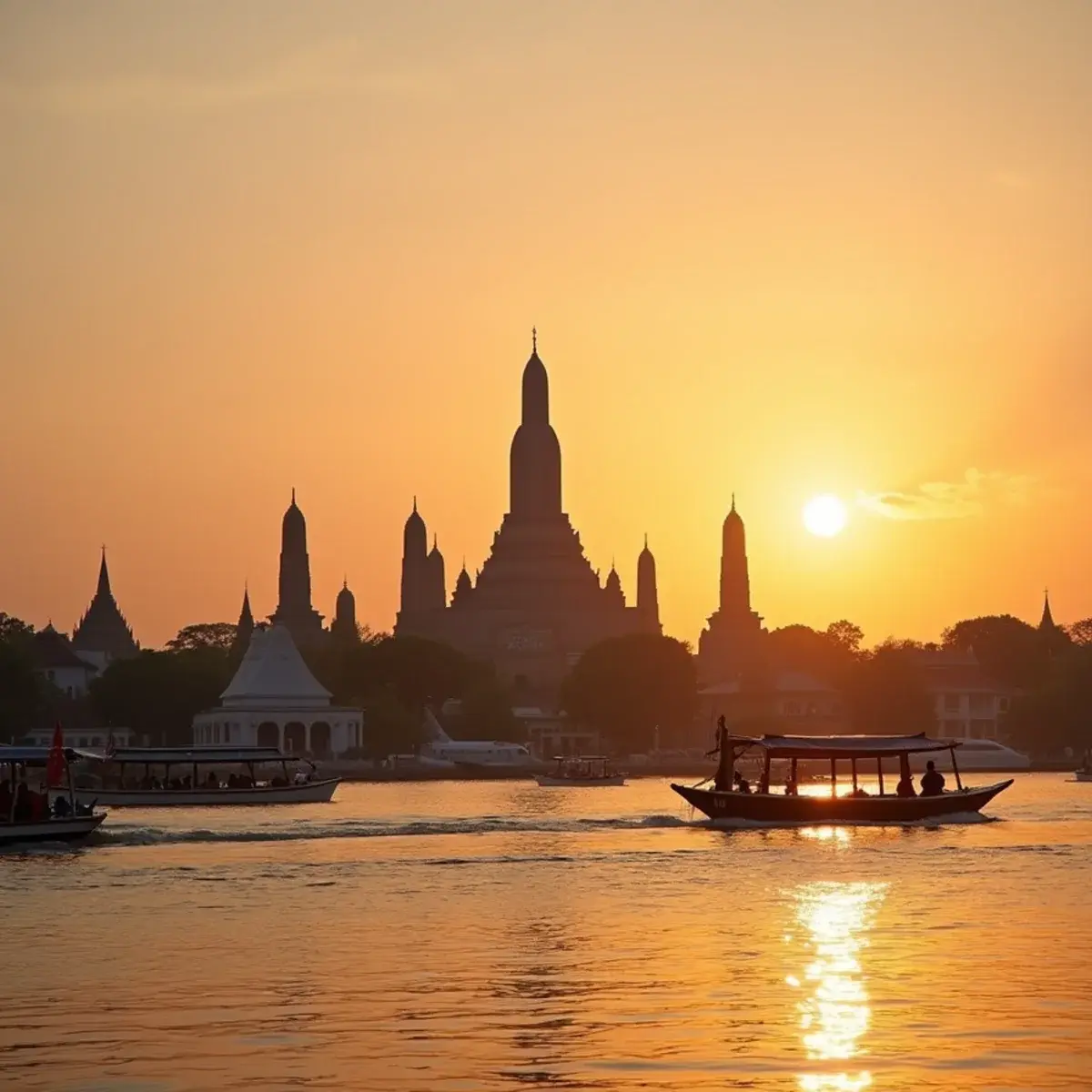 Flights to Suvarnabhumi Airport (BKK): Bangkok Wat Arun temple spires across the Chao Phraya River at sunset with longtail boats