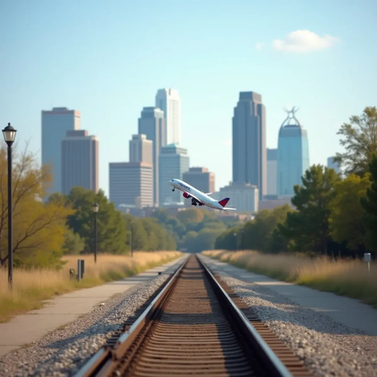 Flights to Birmingham: Birmingham, Alabama Railroad Park with the downtown skyline and Vulcan statue hill