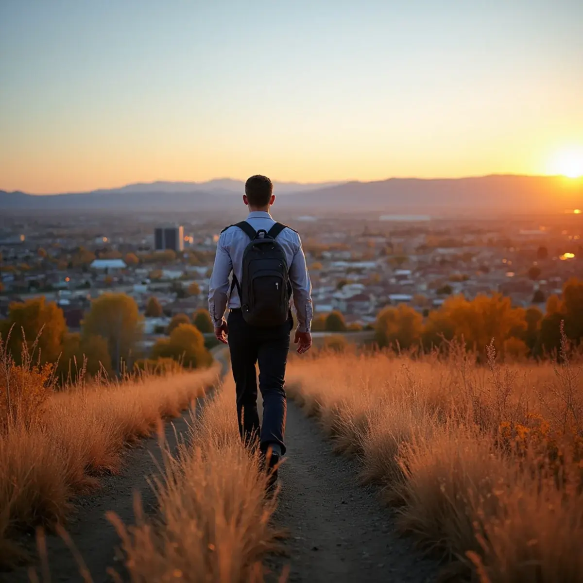 Flights to Boise: Boise foothills above the Boise River Greenbelt with the downtown skyline, autumn evening