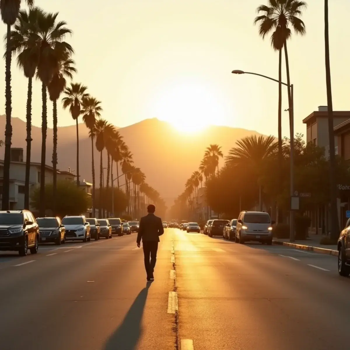 Flights to Burbank: Burbank studio district streets with palms and the Verdugo Mountains, golden hour