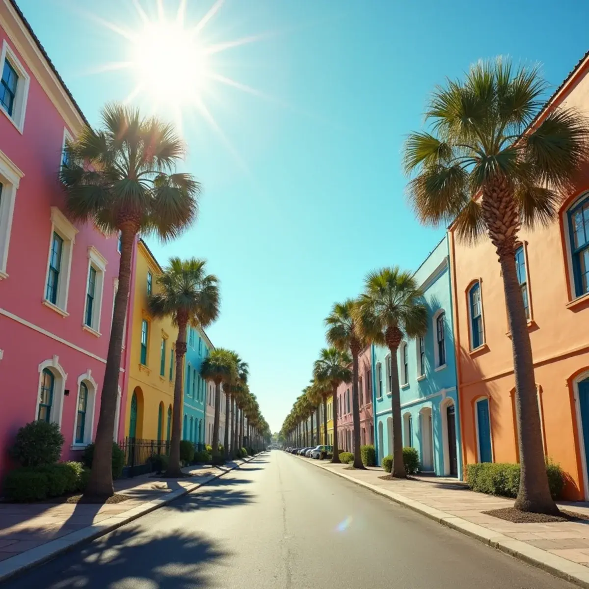 Cincinnati to Charleston: Charleston Rainbow Row pastel houses and palmetto trees on a sunny morning