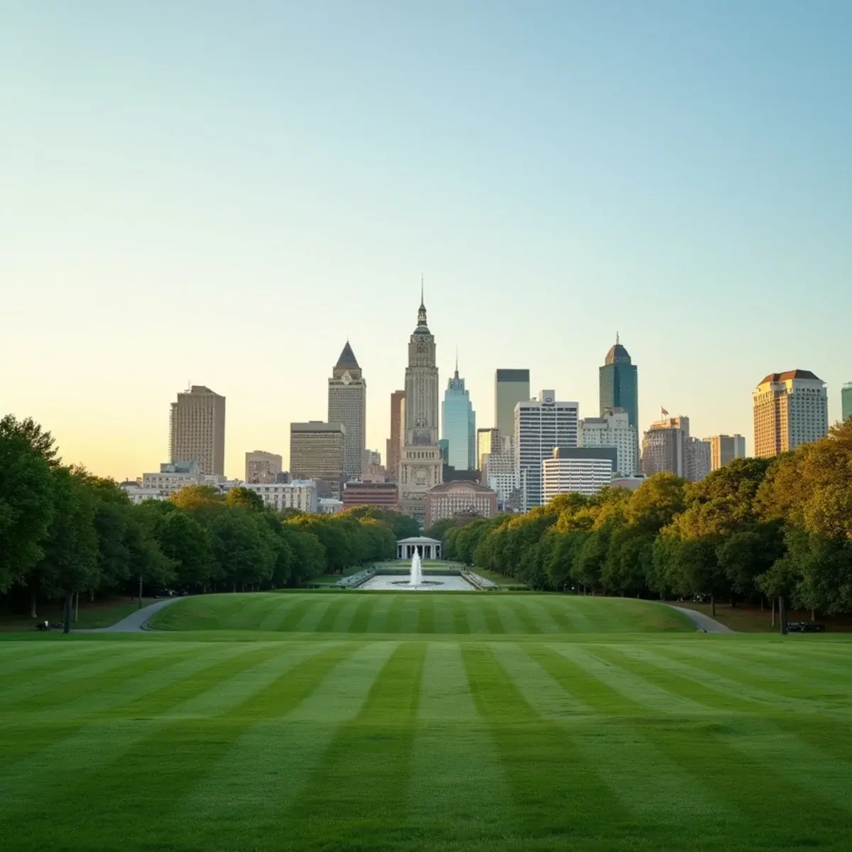 Flights to Charlotte: Charlotte uptown skyline from Romare Bearden Park, green lawns, late afternoon