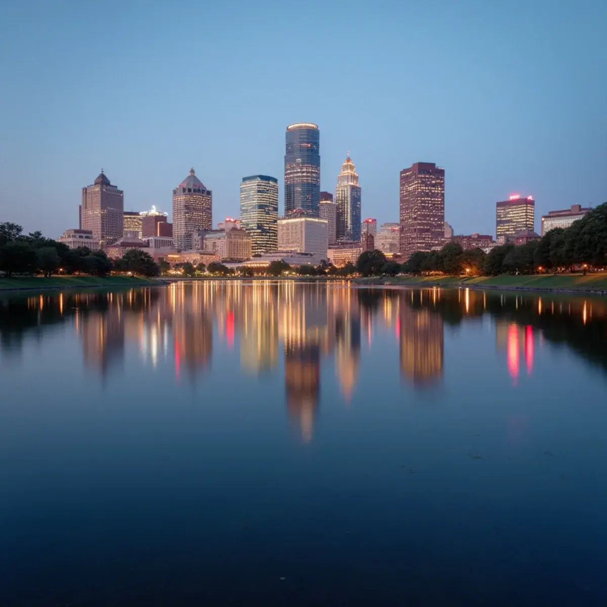 Flights to Columbus: Columbus Scioto Mile riverfront with the skyline reflected in the water at dusk