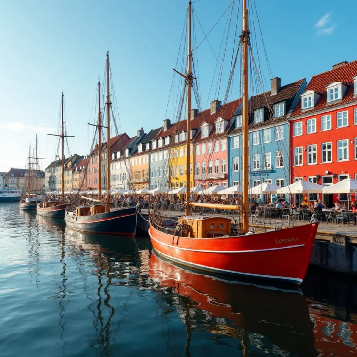 Flights to Copenhagen Kastrup Airport (CPH): Copenhagen Nyhavn colorful harbor houses with wooden boats, bright afternoon