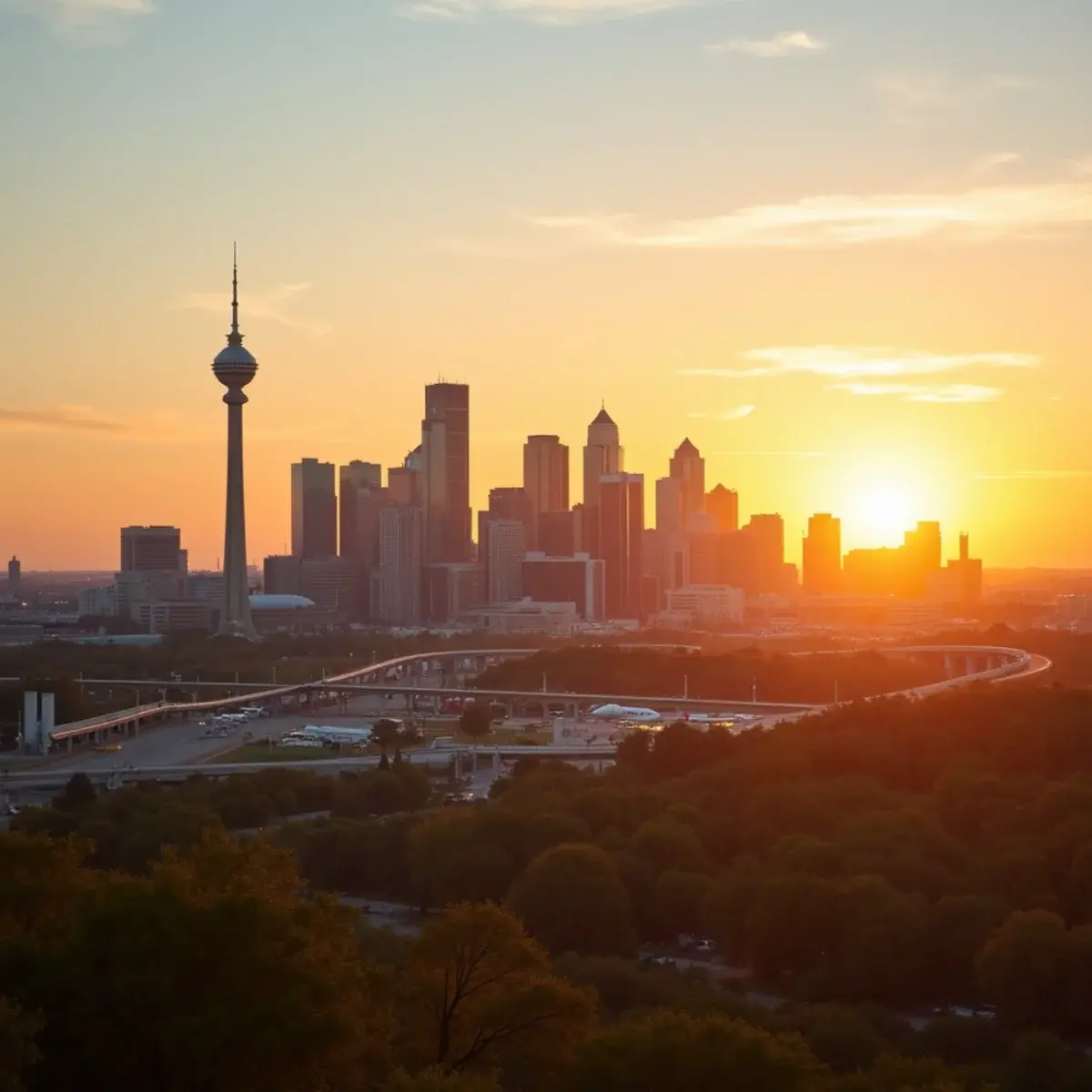 Atlanta to Dallas: Dallas skyline with Reunion Tower from Trinity Overlook, big Texas sky at sunset