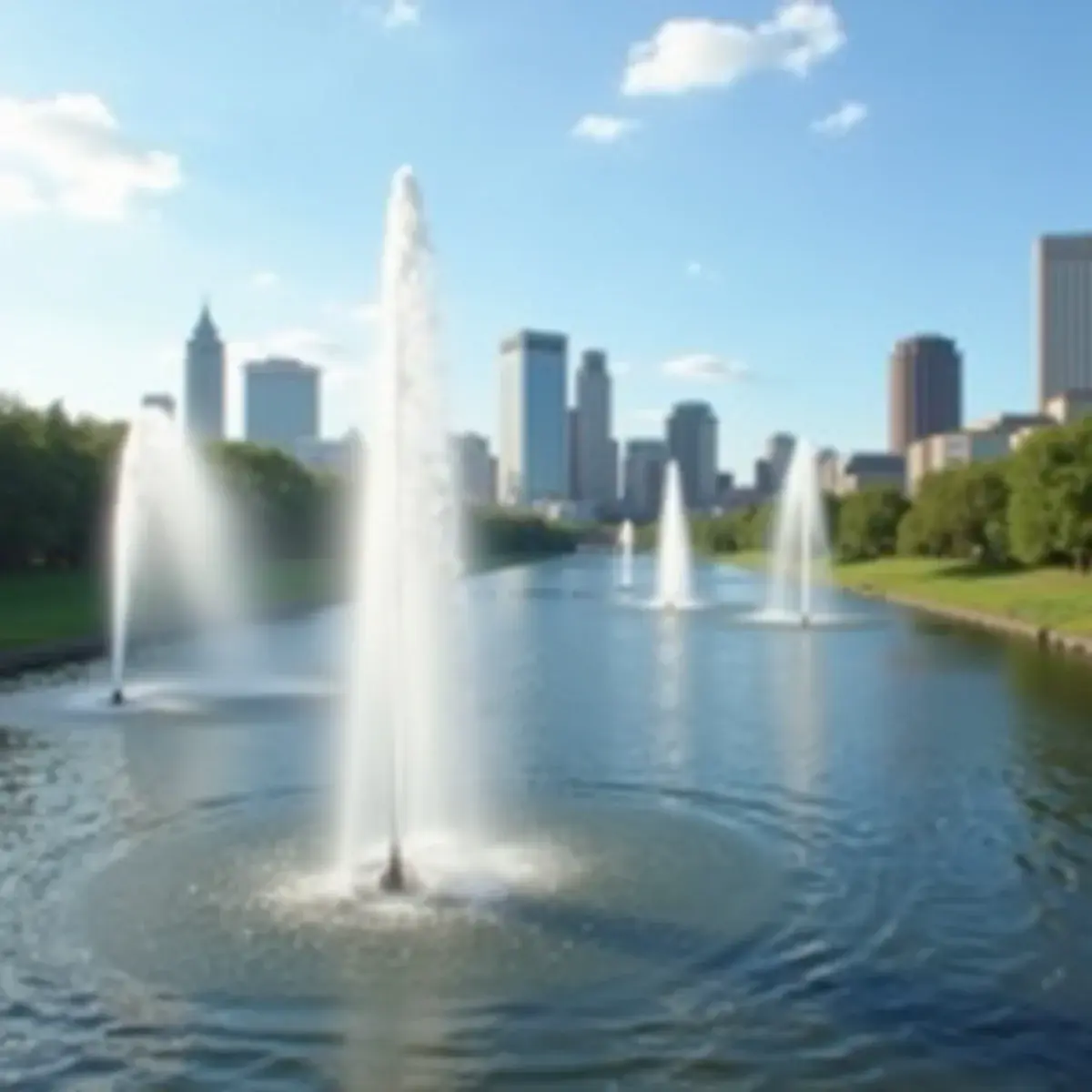 Flights to Dayton: Dayton RiverScape fountains on the Great Miami River with the skyline behind