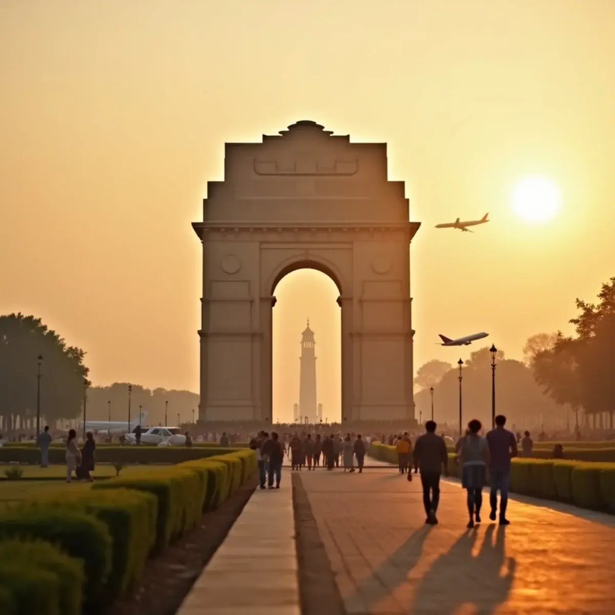 Flights to Indira Gandhi International Airport (DEL): Delhi India Gate at dusk with lawns and families strolling, warm haze