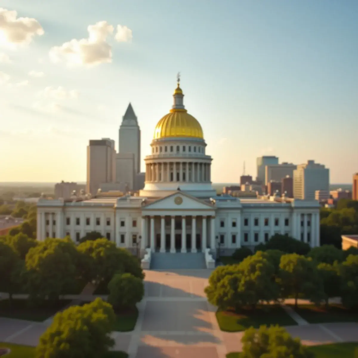 Flights to Des Moines International Airport (DSM): Des Moines Iowa State Capitol gold dome with the downtown skyline, summer afternoon