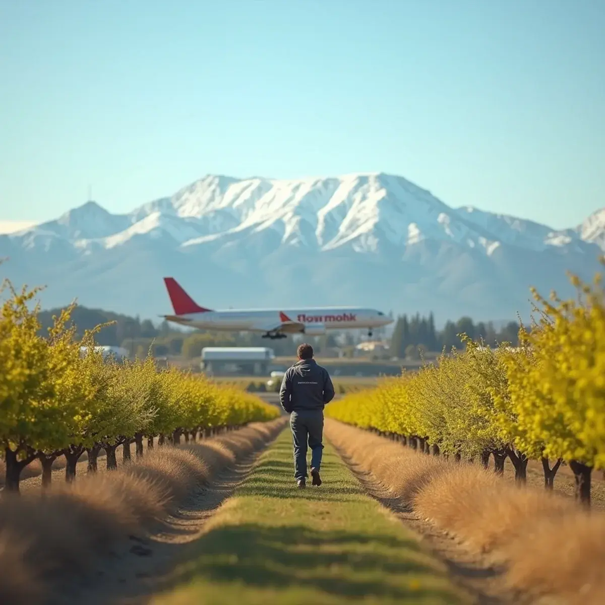 Flights to Fresno: Fresno with the Sierra Nevada snow peaks behind orchards in bloom, clear spring day