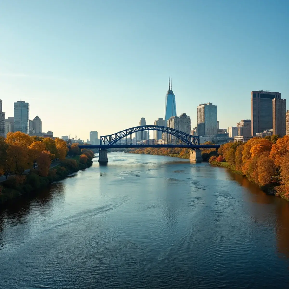 Flights to Grand Rapids: Grand Rapids Grand River with the Blue Bridge and downtown, autumn light