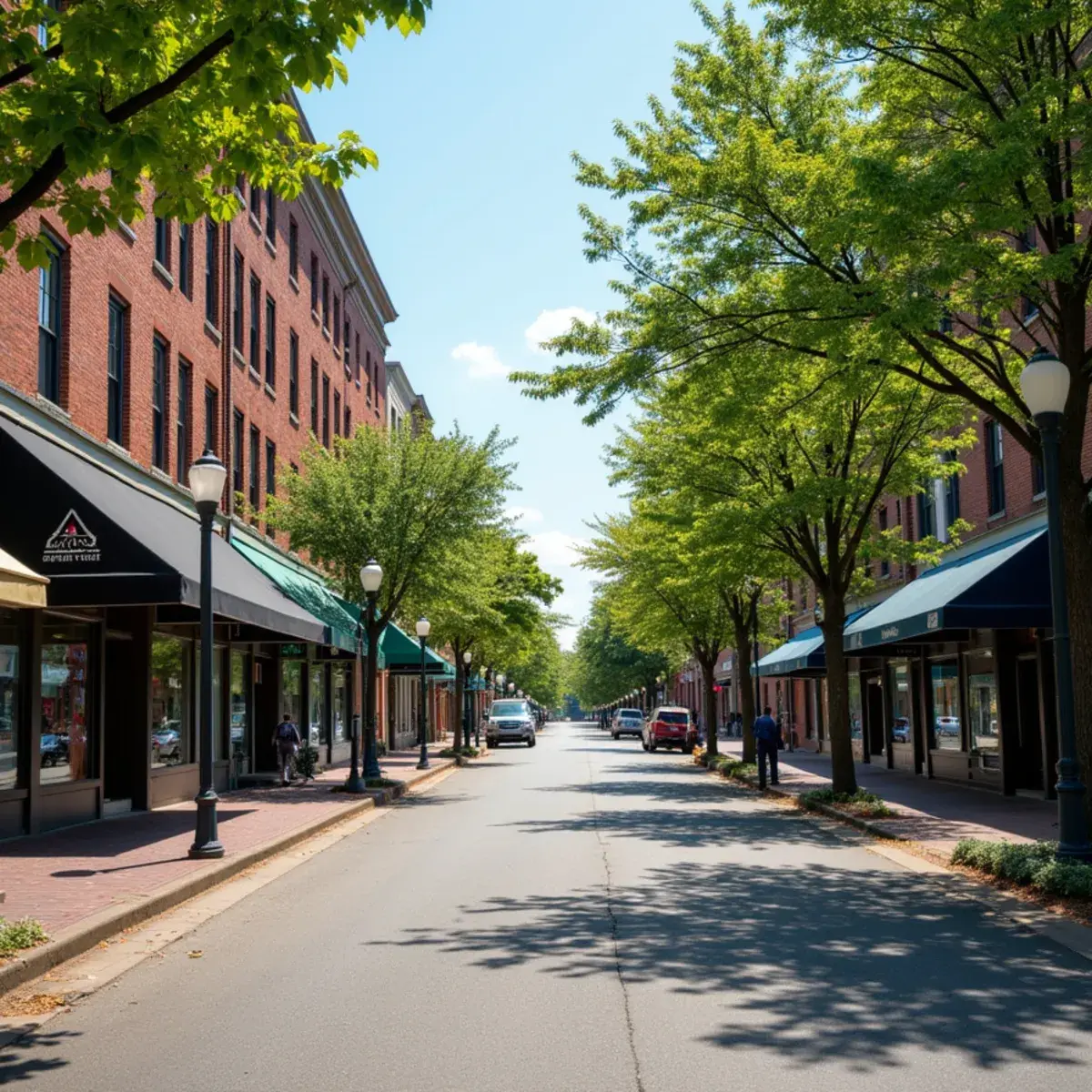 Flights to Greensboro: Greensboro downtown Elm Street historic storefronts with tree-lined sidewalks