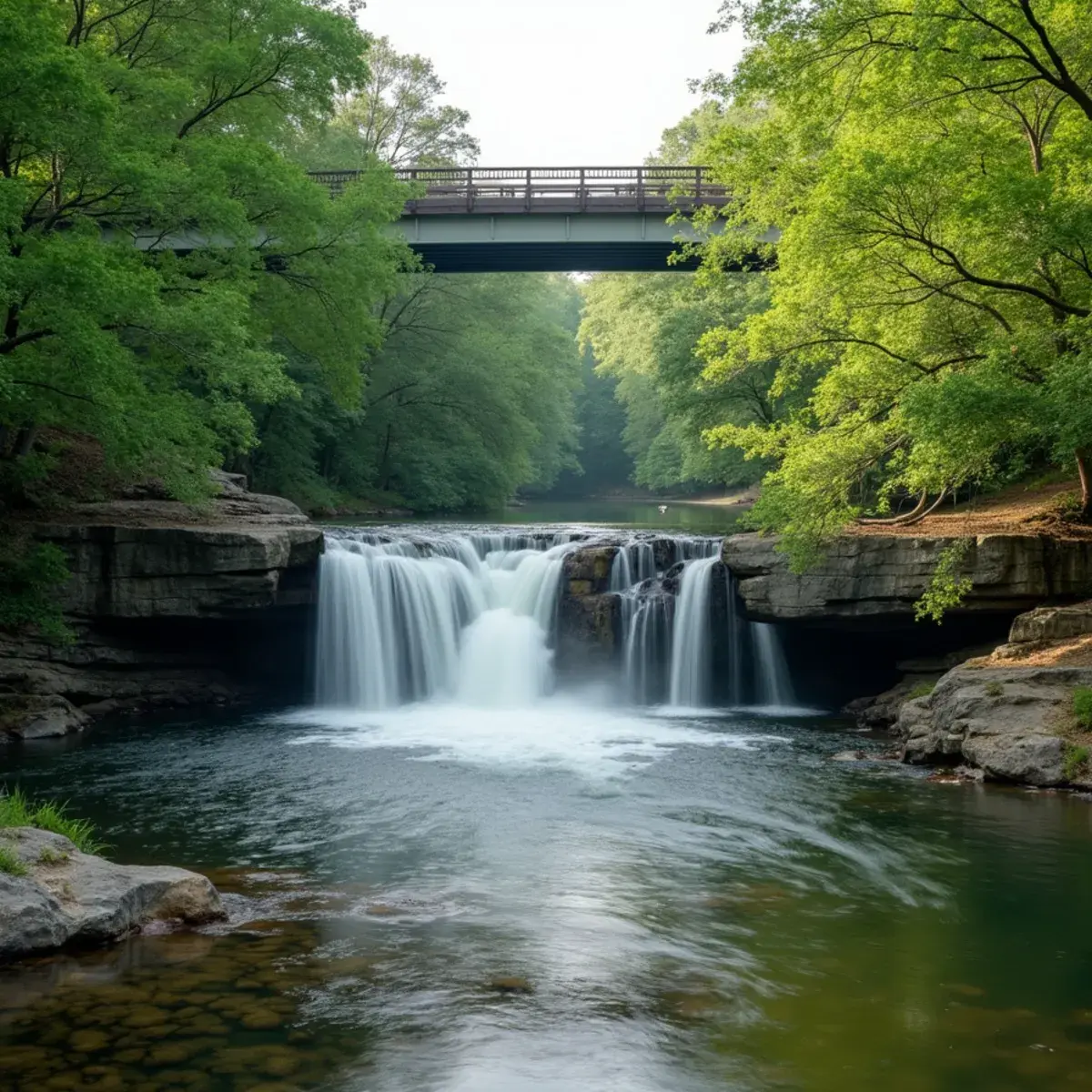 Flights to Greenville-Spartanburg: Greenville, South Carolina Falls Park with the Liberty Bridge and waterfall, lush green