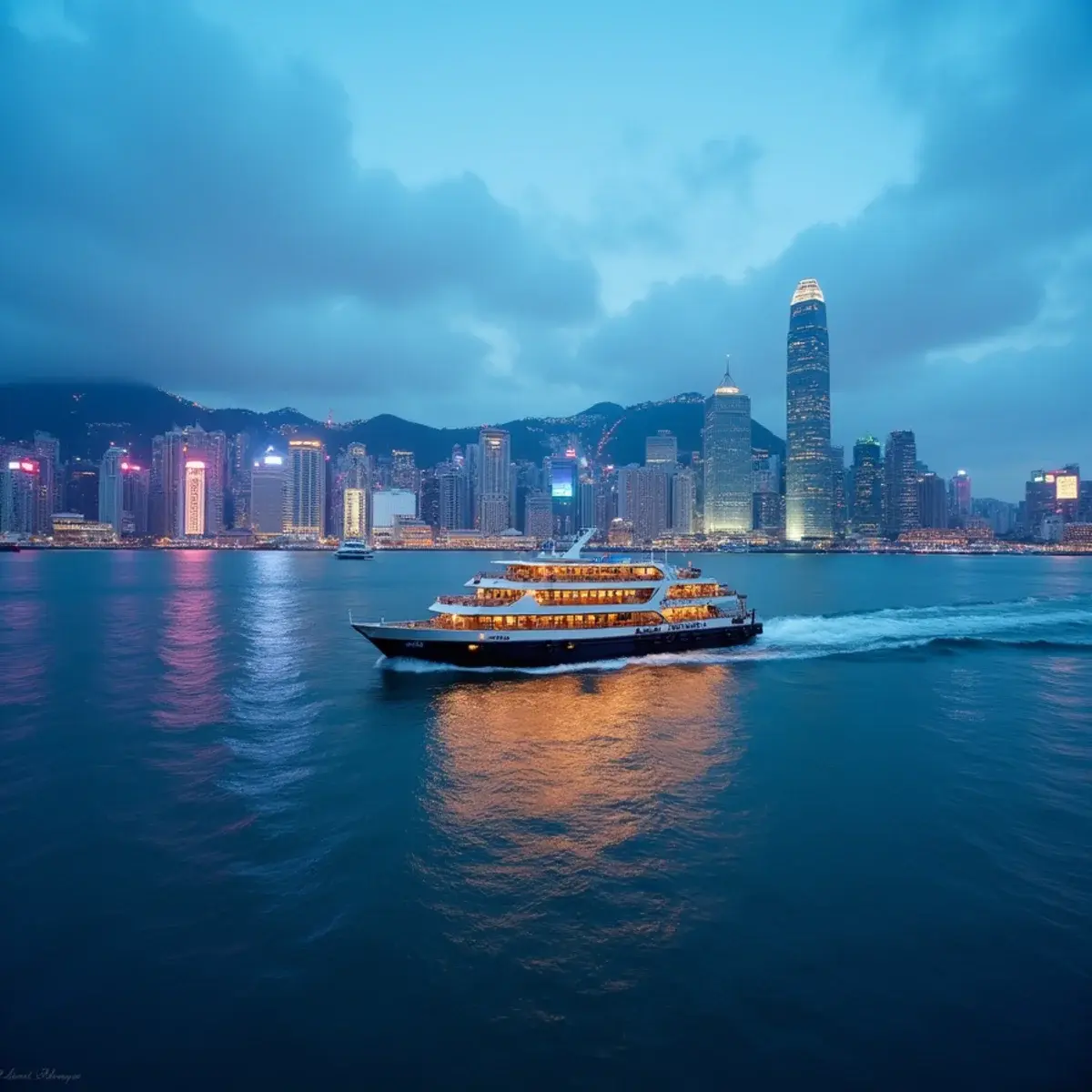 Cheap flights from Chicago to Hong Kong: Hong Kong Victoria Harbour skyline from Tsim Sha Tsui at blue hour with a Star Ferry