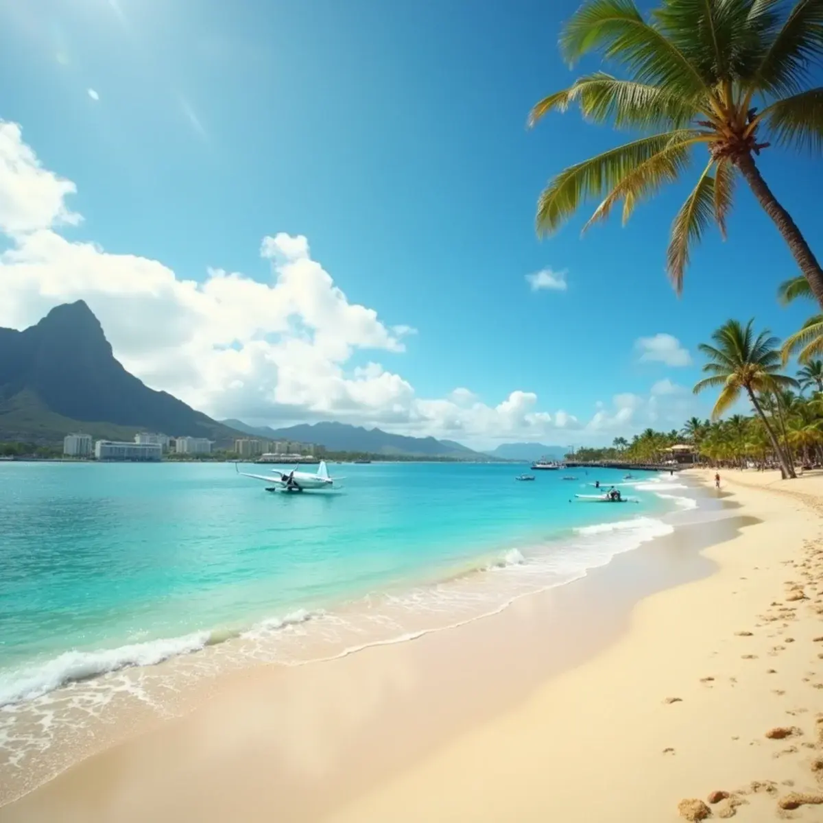Flights to Honolulu: Honolulu Waikiki Beach with Diamond Head, surfers, and palms, bright tropical morning