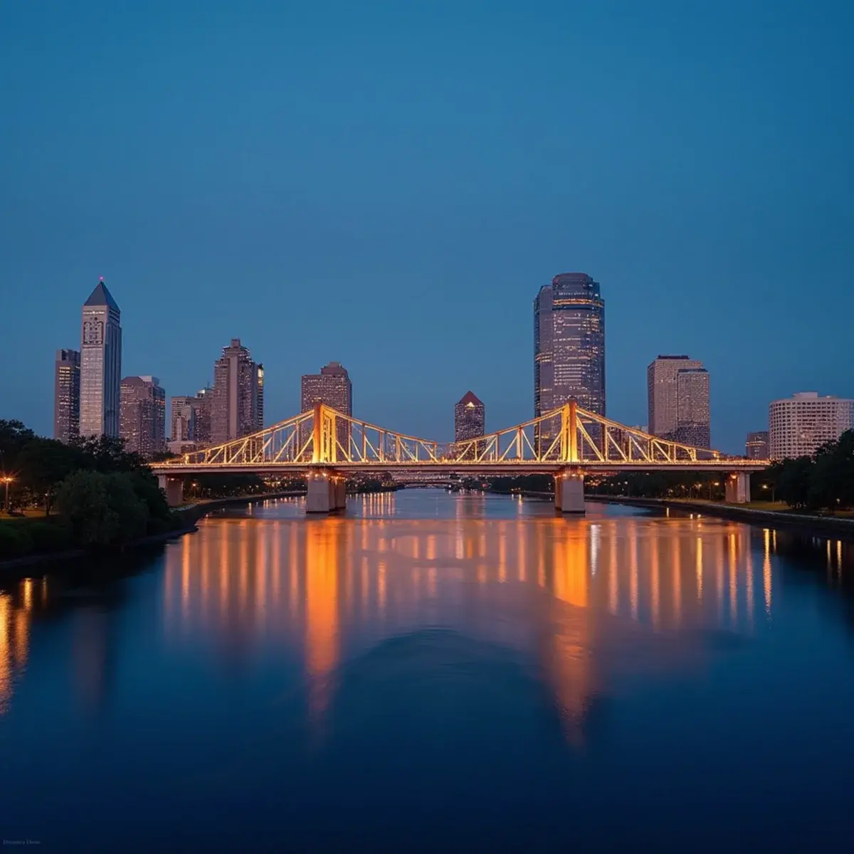 Flights to Jacksonville: Jacksonville riverfront skyline along the St. Johns River with the Main Street Bridge lit at dusk