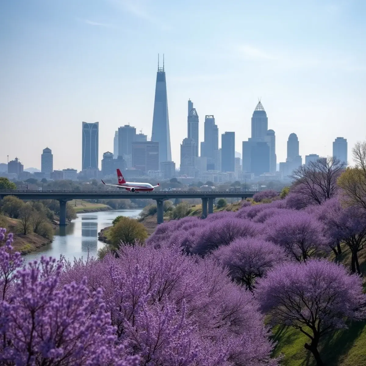 Flights to OR Tambo International Airport (JNB): Johannesburg skyline from the Nelson Mandela Bridge with jacaranda trees in purple bloom