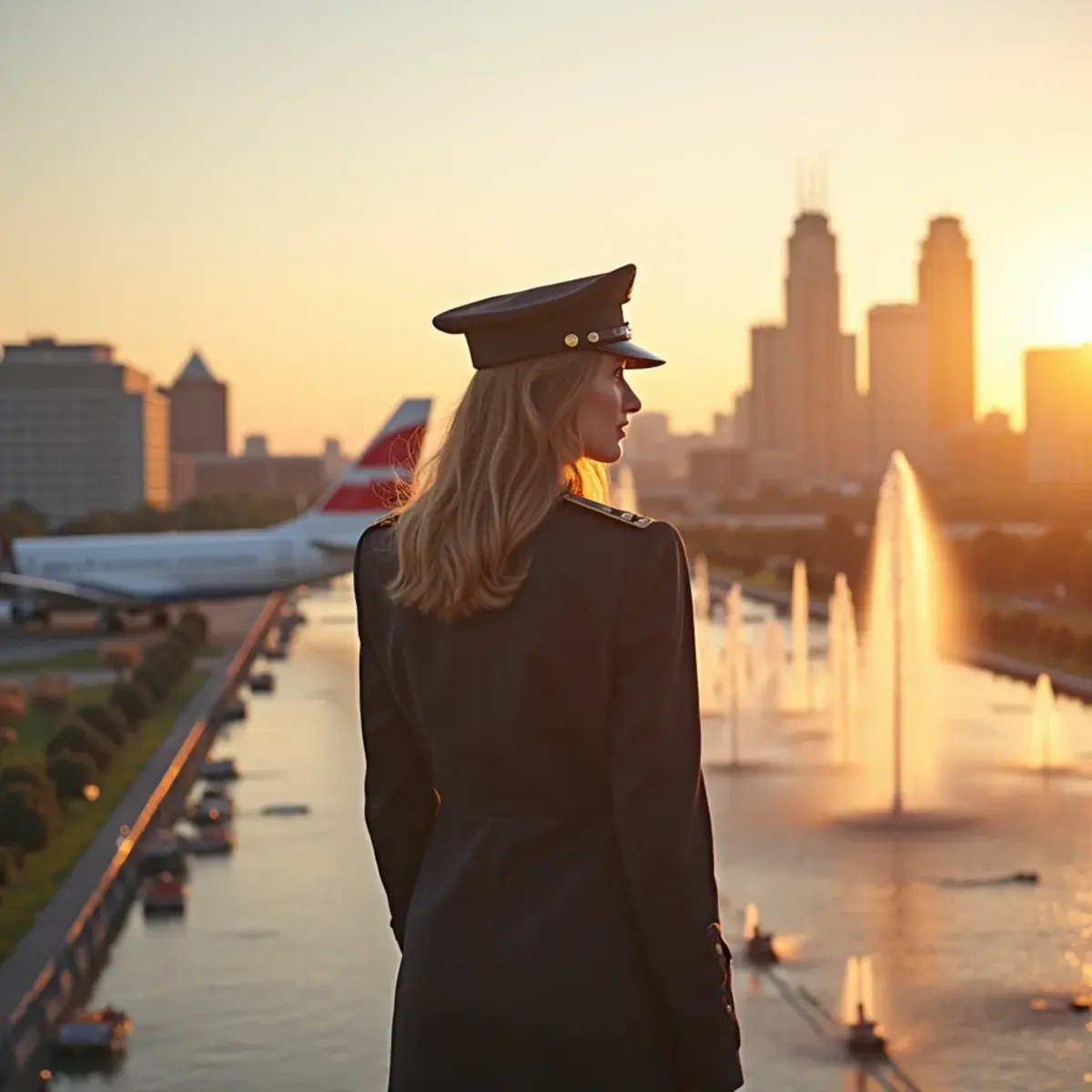 Flights to Kansas City: Kansas City Union Station and the skyline with fountains in the foreground, golden hour