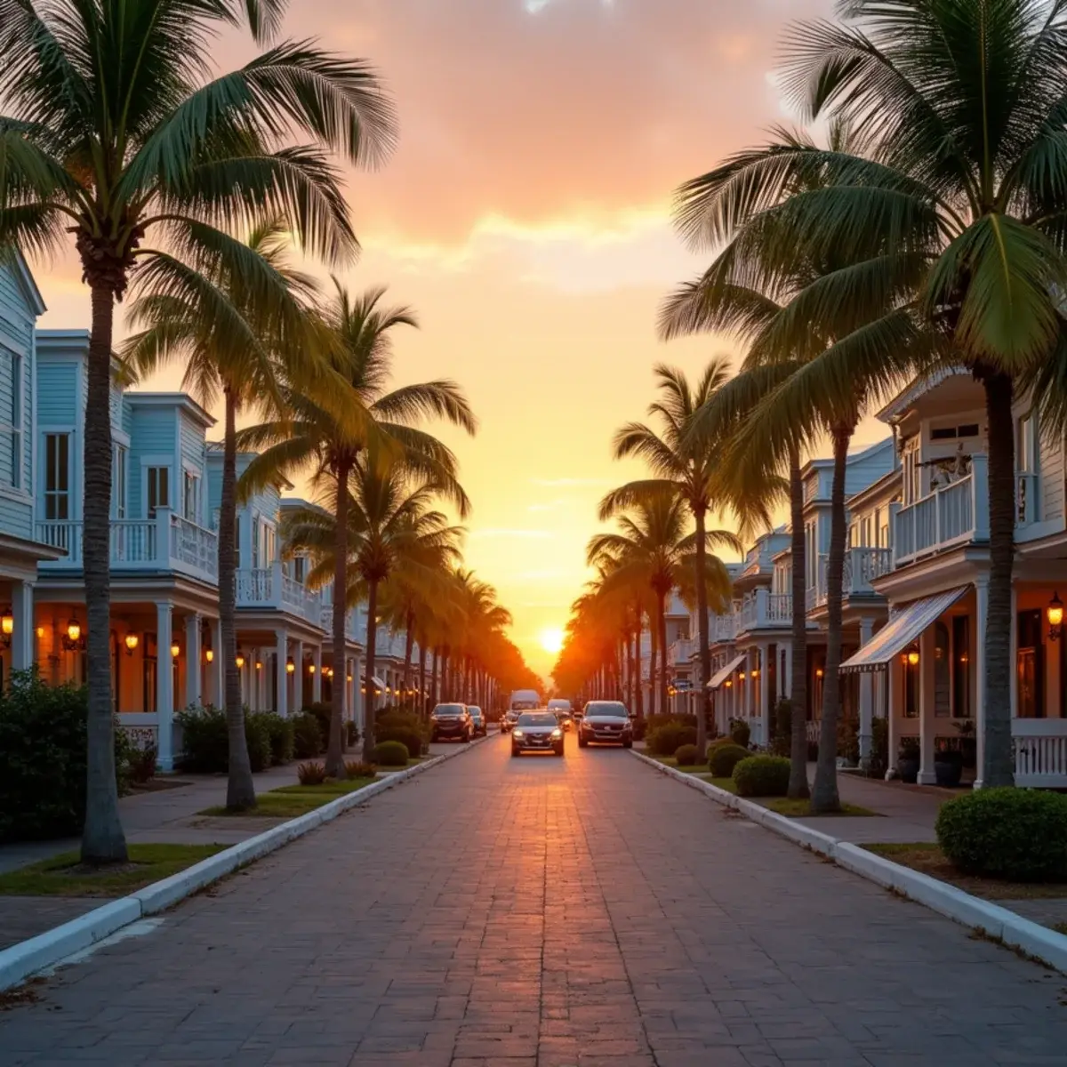 Flights to Key West: Key West Duval Street conch houses with palms and a Mallory Square sunset