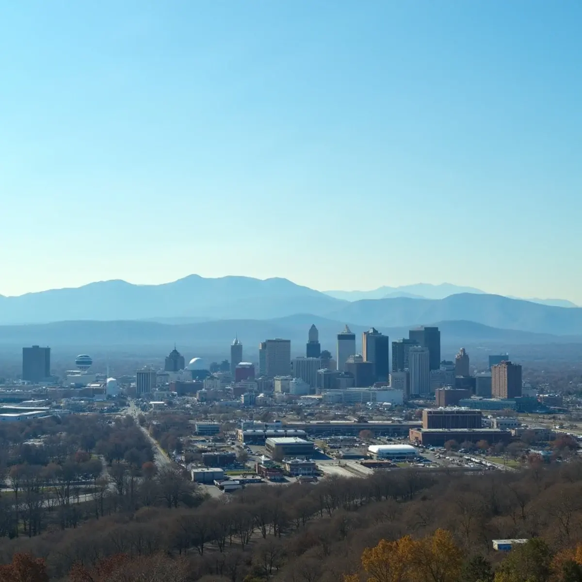 Flights to Knoxville: Knoxville skyline with the Sunsphere and the Great Smoky Mountains blue on the horizon