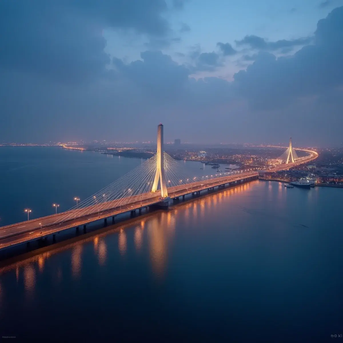Flights to Murtala Muhammed International Airport (LOS): Lagos Lekki-Ikoyi Link Bridge at dusk with the lagoon and city lights
