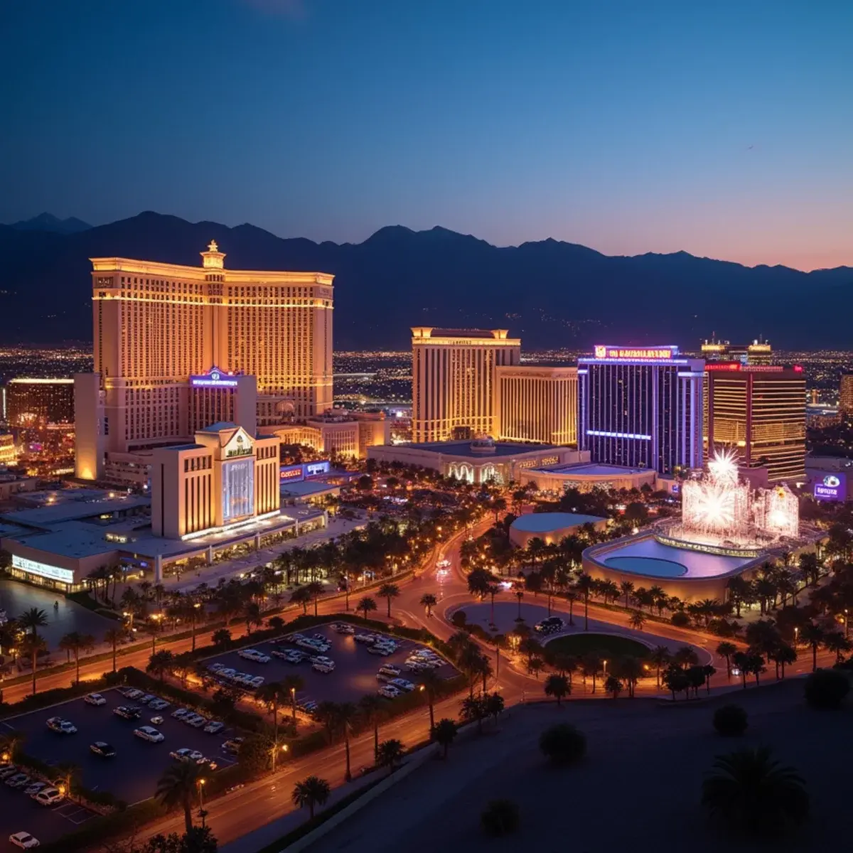 Flights to Las Vegas: Las Vegas Strip resorts at dusk with the desert mountains behind, warm neon glow beginning
