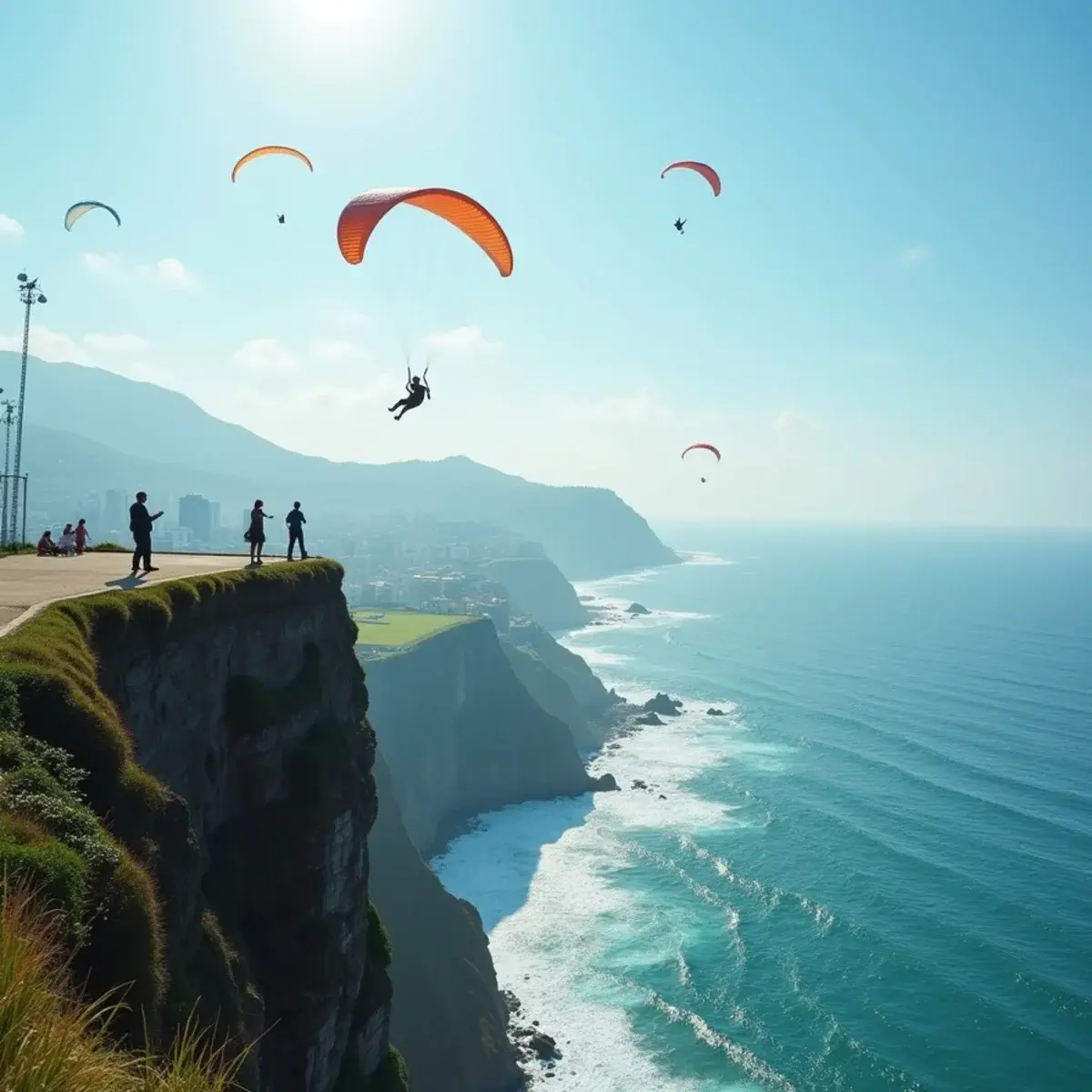 Flights to Jorge Chávez International Airport (LIM): Lima Miraflores cliffs with paragliders over the Pacific and the Malecón park