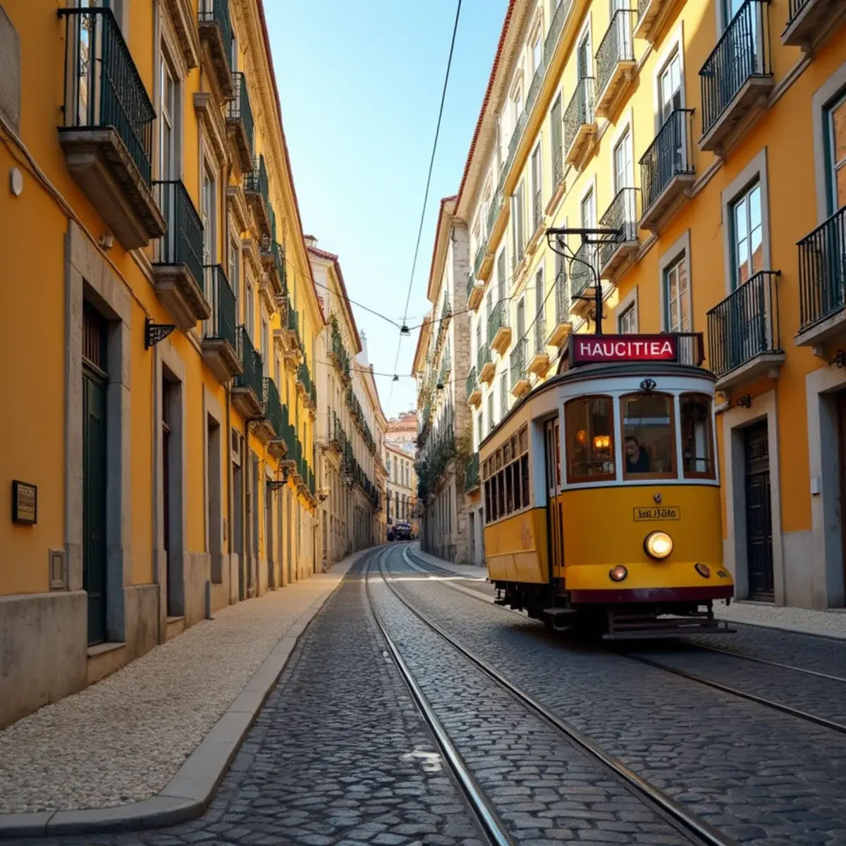 Flights to Humberto Delgado Airport (Lisbon Portela Airport) (LIS): Lisbon Alfama tiled facades and a yellow tram climbing a steep street, warm light
