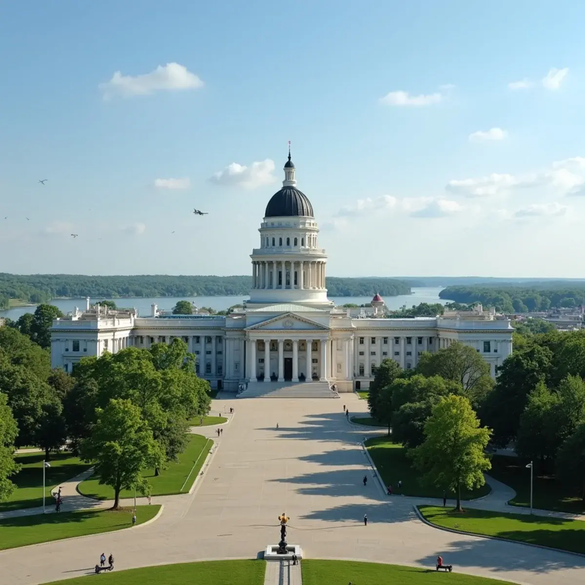 Flights to Madison: Madison Wisconsin State Capitol between the lakes with the Monona Terrace, clear day