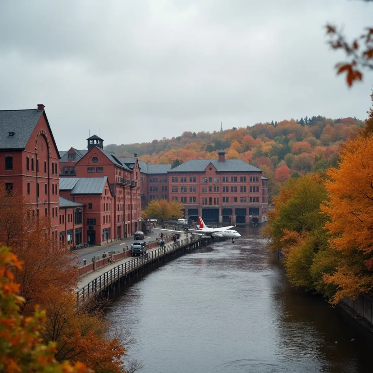 Flights to Manchester: Manchester, New Hampshire Millyard brick mills along the Merrimack River in fall foliage