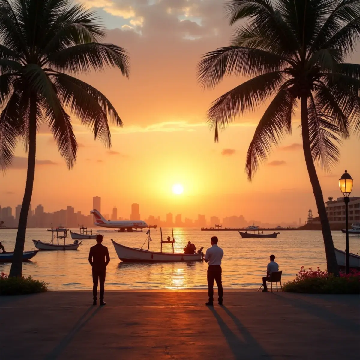 Flights to Ninoy Aquino International Airport (MNL): Manila Bay sunset from Roxas Boulevard with palms and outrigger boats