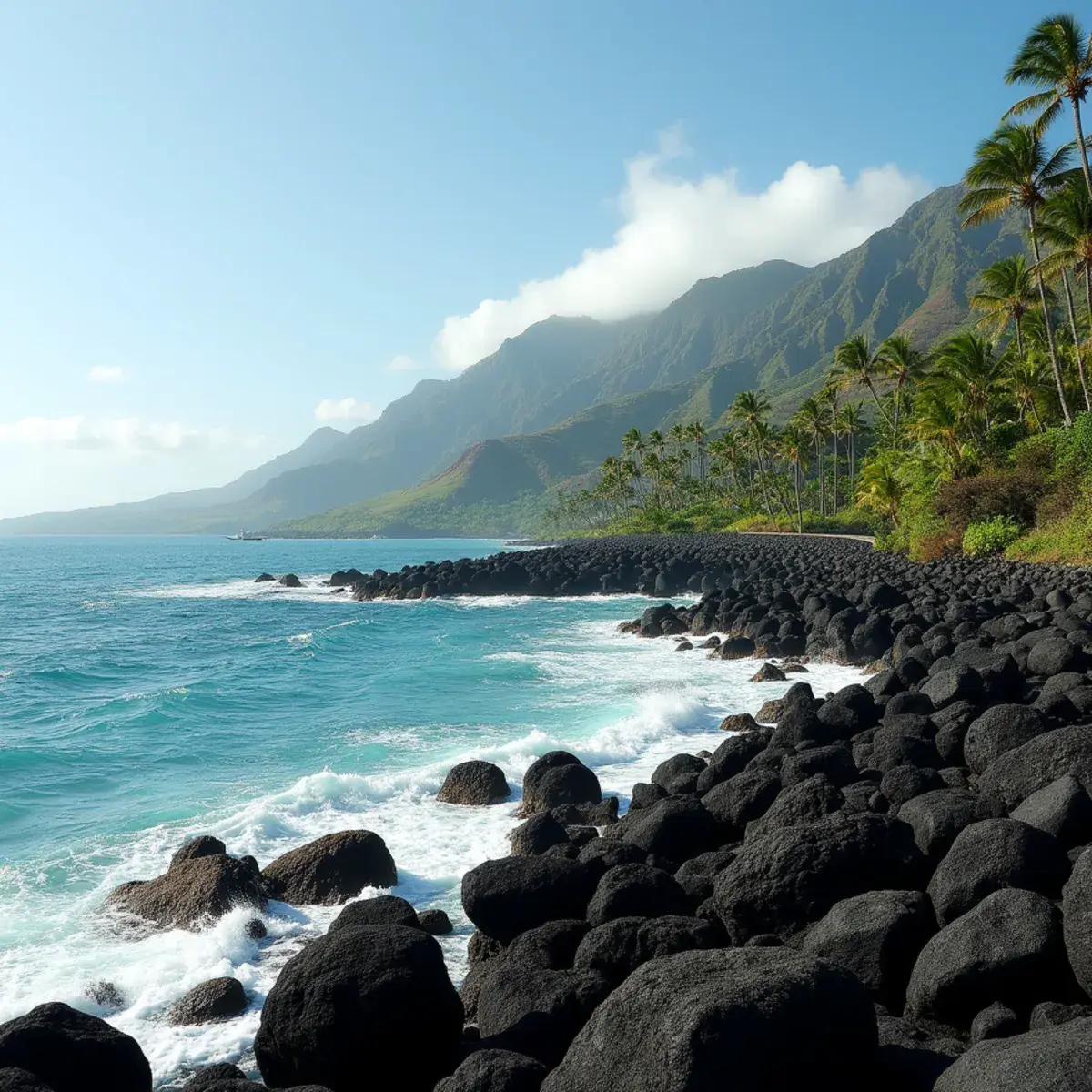 Flights to Maui: Maui Road to Hana coastline with black lava rocks, palms, and turquoise surf