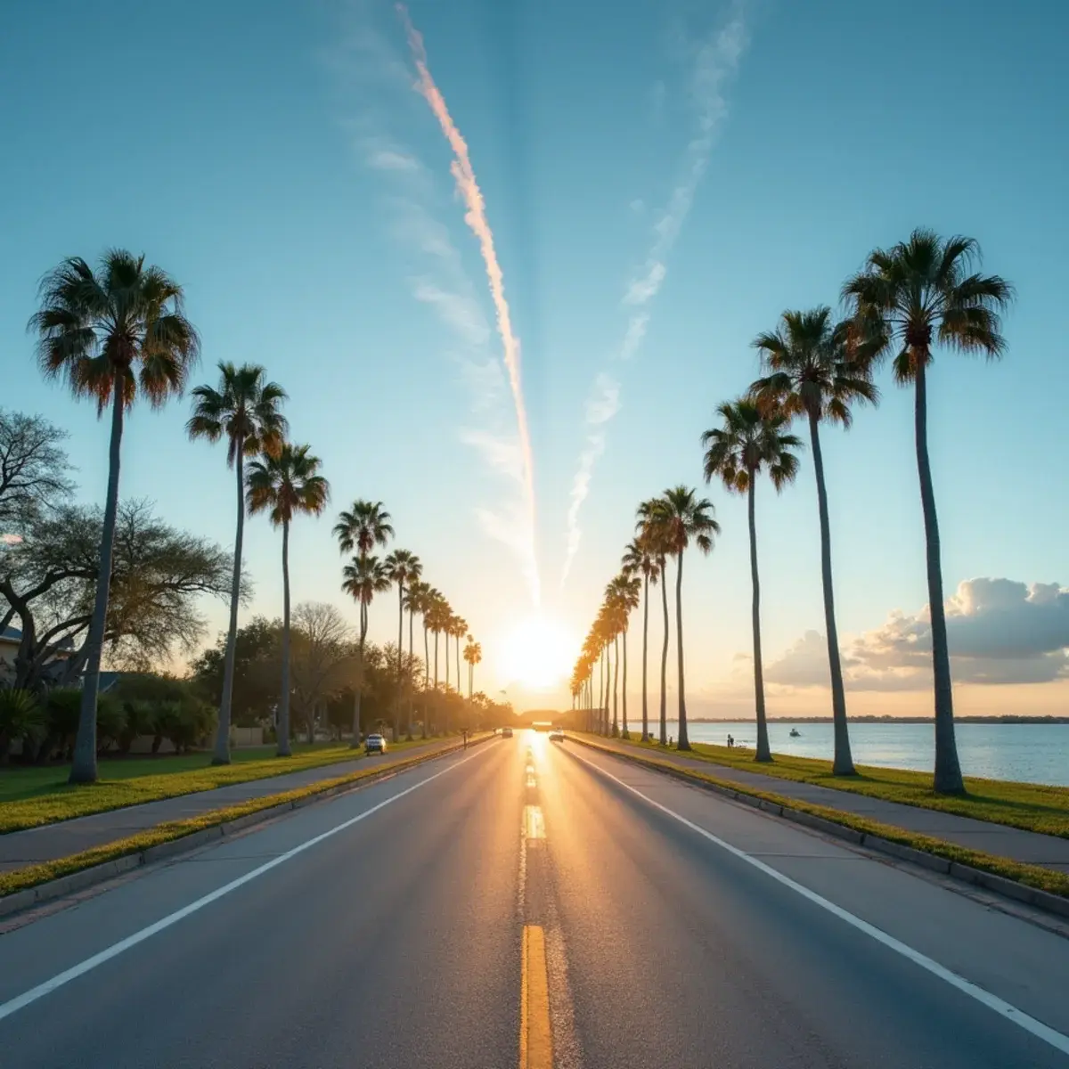 Flights to Melbourne: Melbourne, Florida Indian River causeway with palms and a rocket launch contrail over the Space Coast