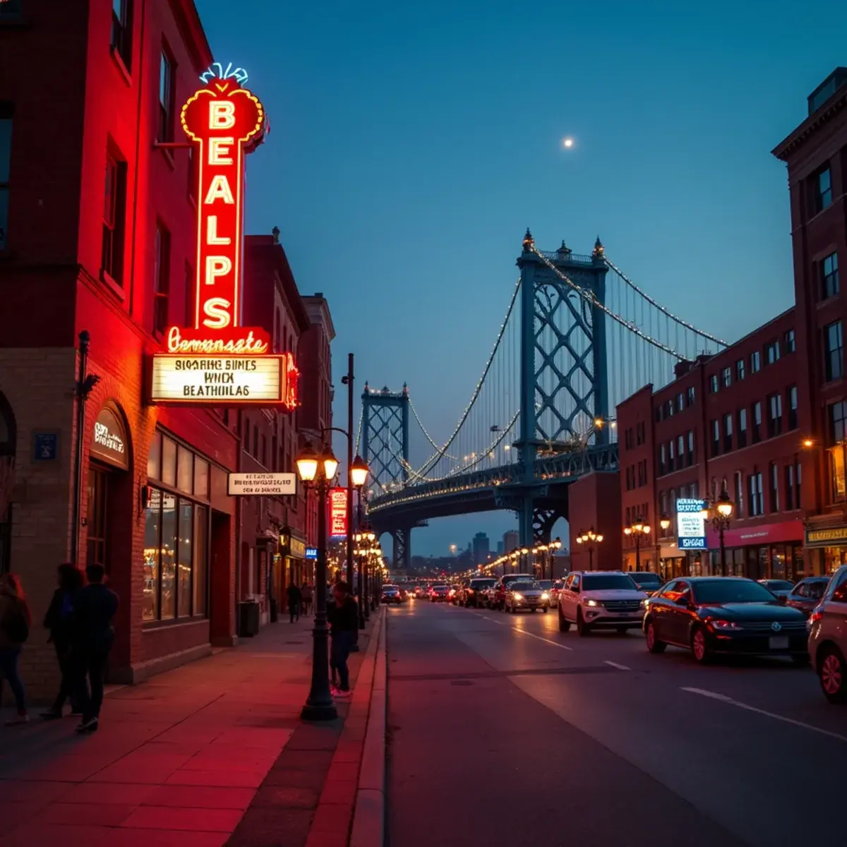 Flights to Memphis International Airport (MEM): Memphis Beale Street neon signs at dusk with the Mississippi River bridge beyond