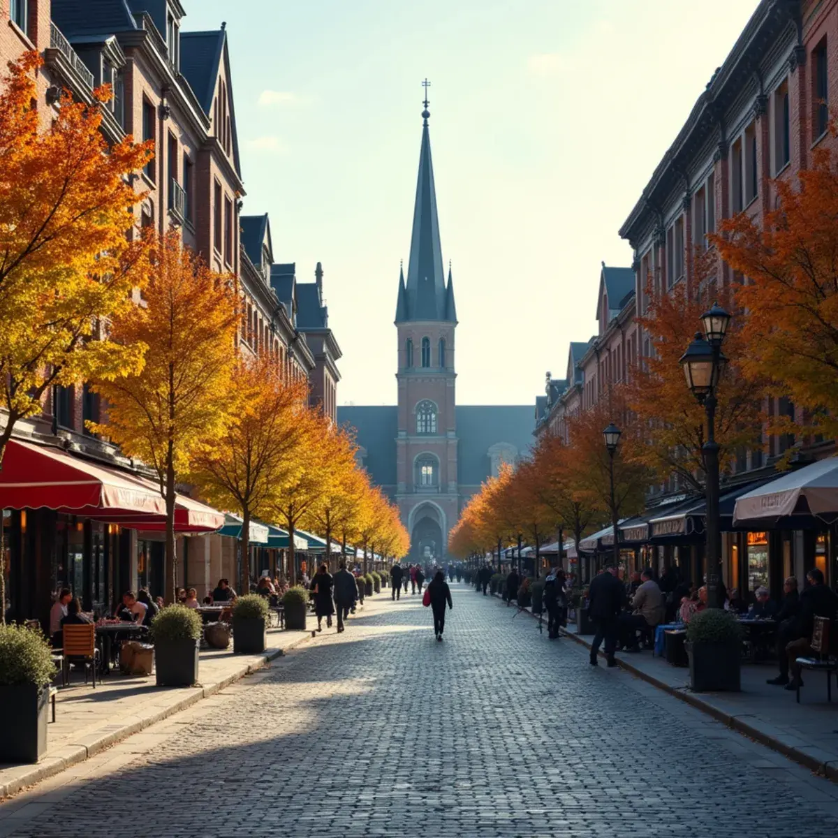 Chicago to Montreal: Montreal Old Port cobblestone streets with Notre-Dame Basilica and autumn foliage