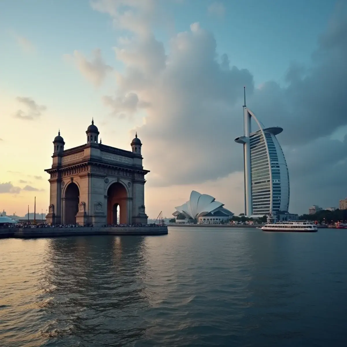 Flights to Chhatrapati Shivaji International Airport (BOM): Mumbai Gateway of India and the Taj hotel from the harbor, monsoon-cleared evening sky
