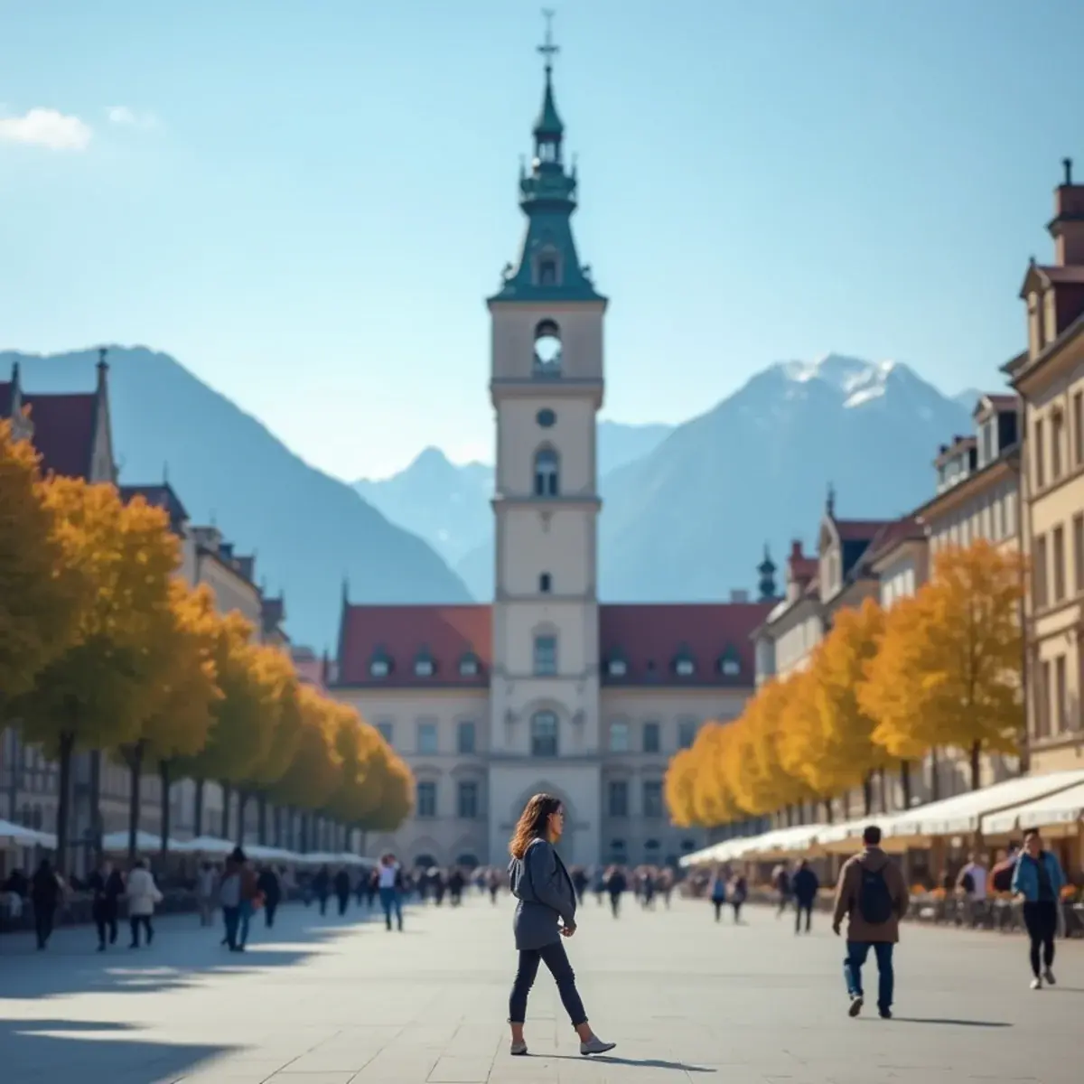 Cheap flights to Munich: Munich Marienplatz with the Neues Rathaus and Alps visible on a clear day