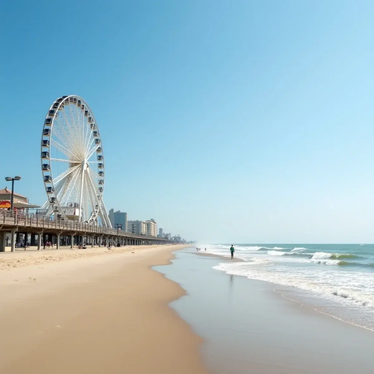 Flights to Myrtle Beach: Myrtle Beach boardwalk and SkyWheel with wide sandy beach and Atlantic surf