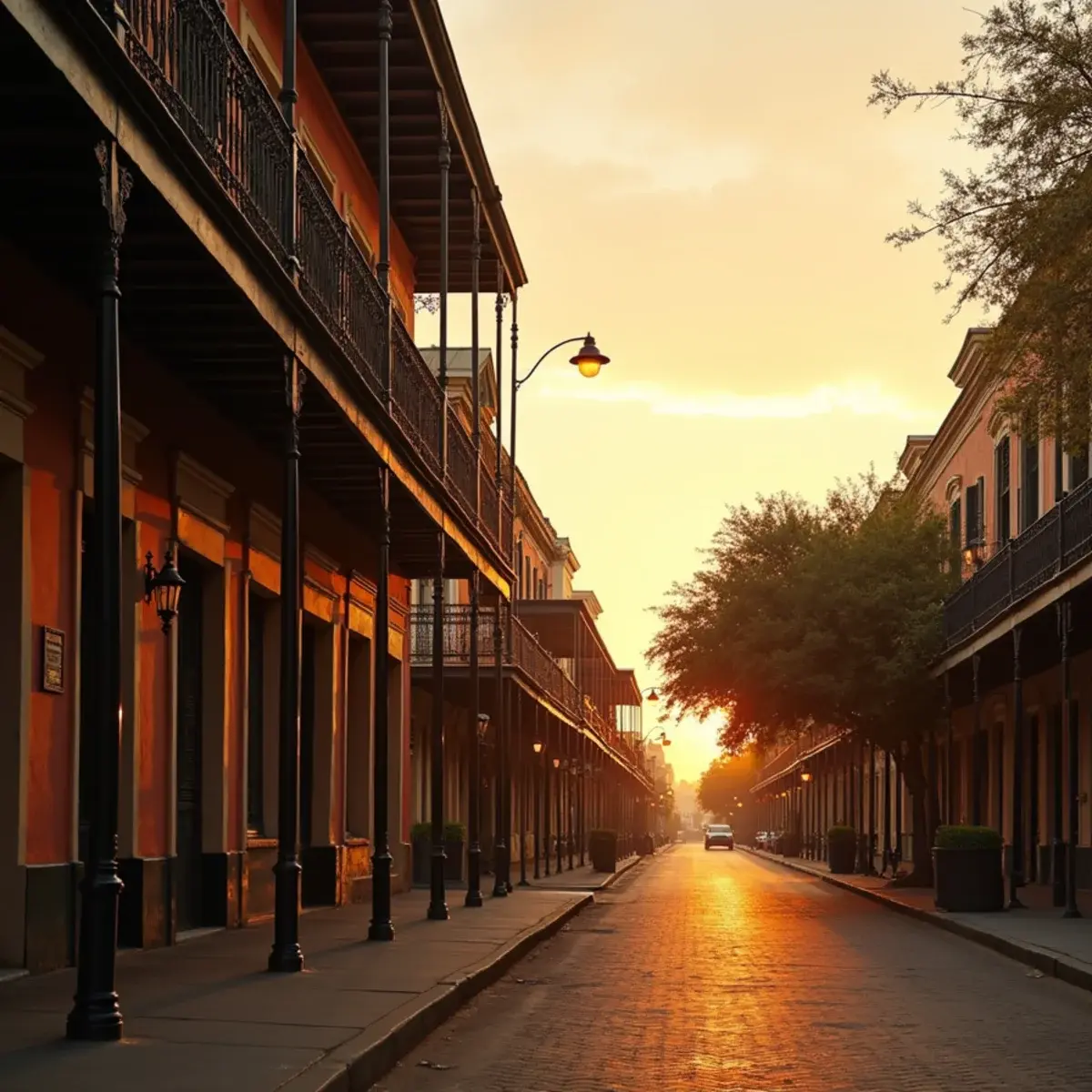 Flights to New Orleans: New Orleans French Quarter balconies with wrought iron, gas lamps, and live oaks at golden hour