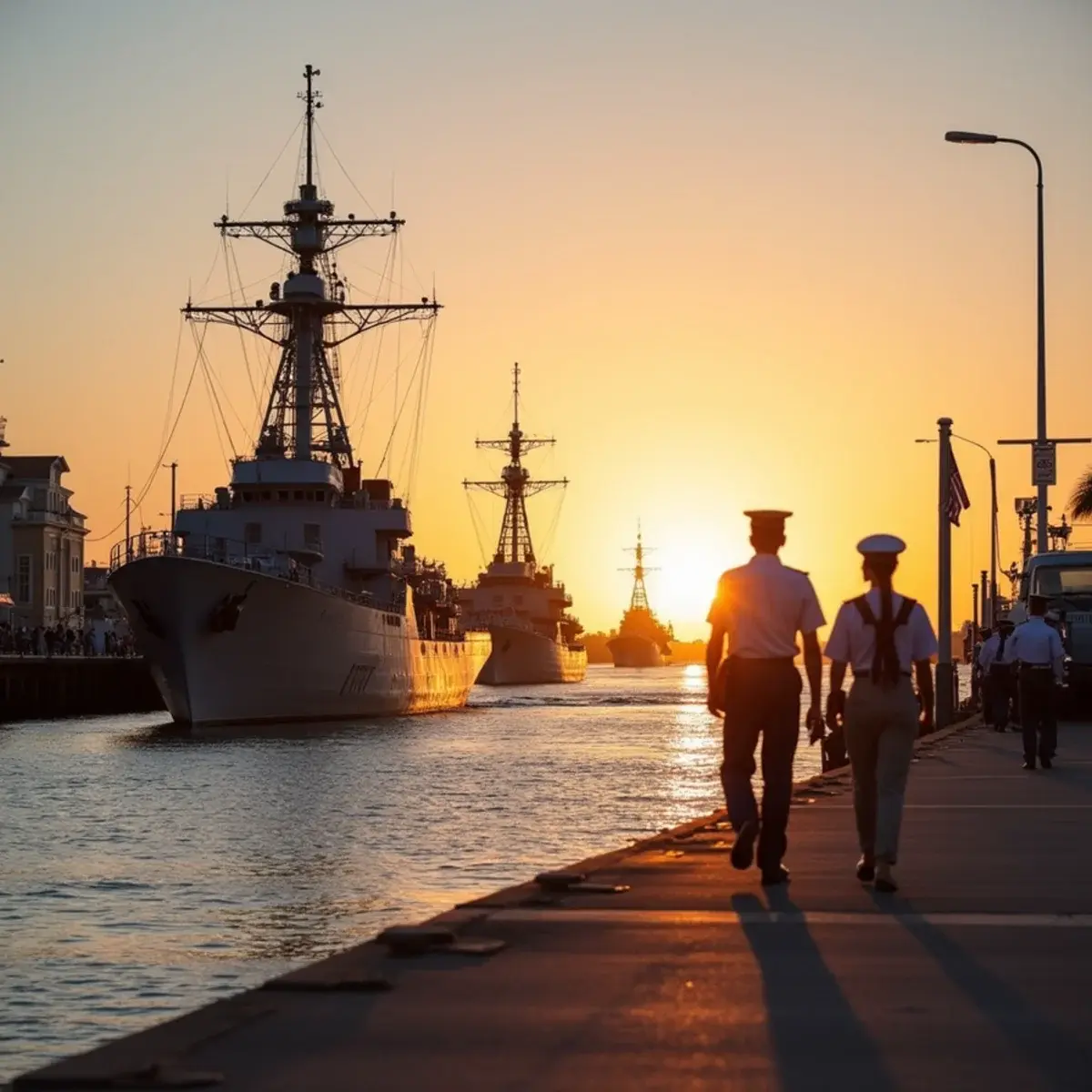 Flights to Norfolk International Airport (ORF): Norfolk waterfront with naval ships and the Nauticus battleship at sunset