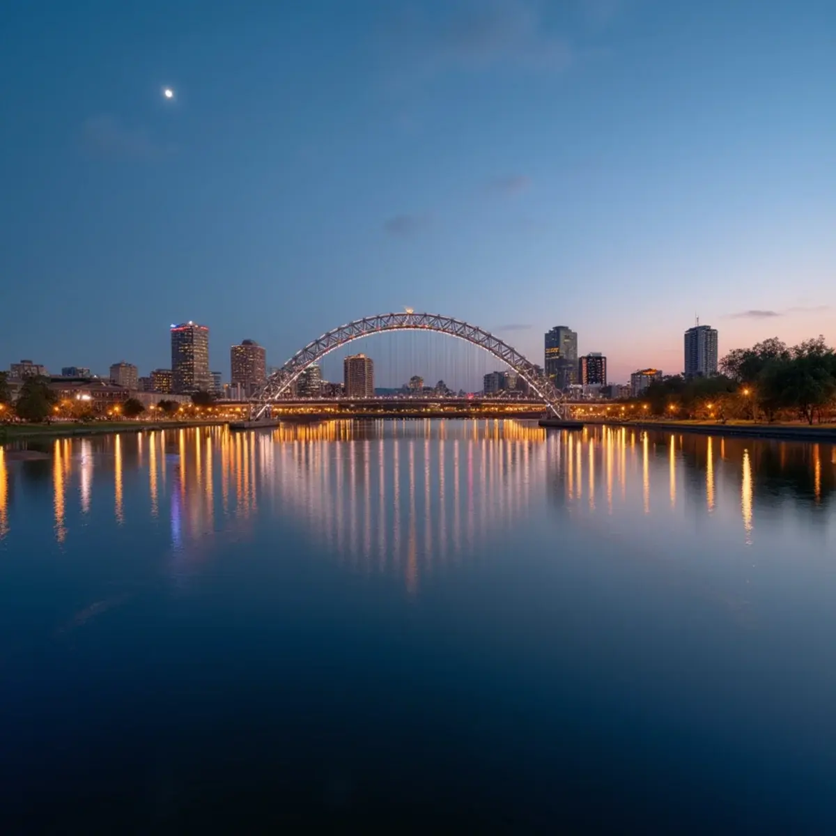 Flights to Oakland: Oakland Lake Merritt with the necklace of lights and the downtown skyline at dusk