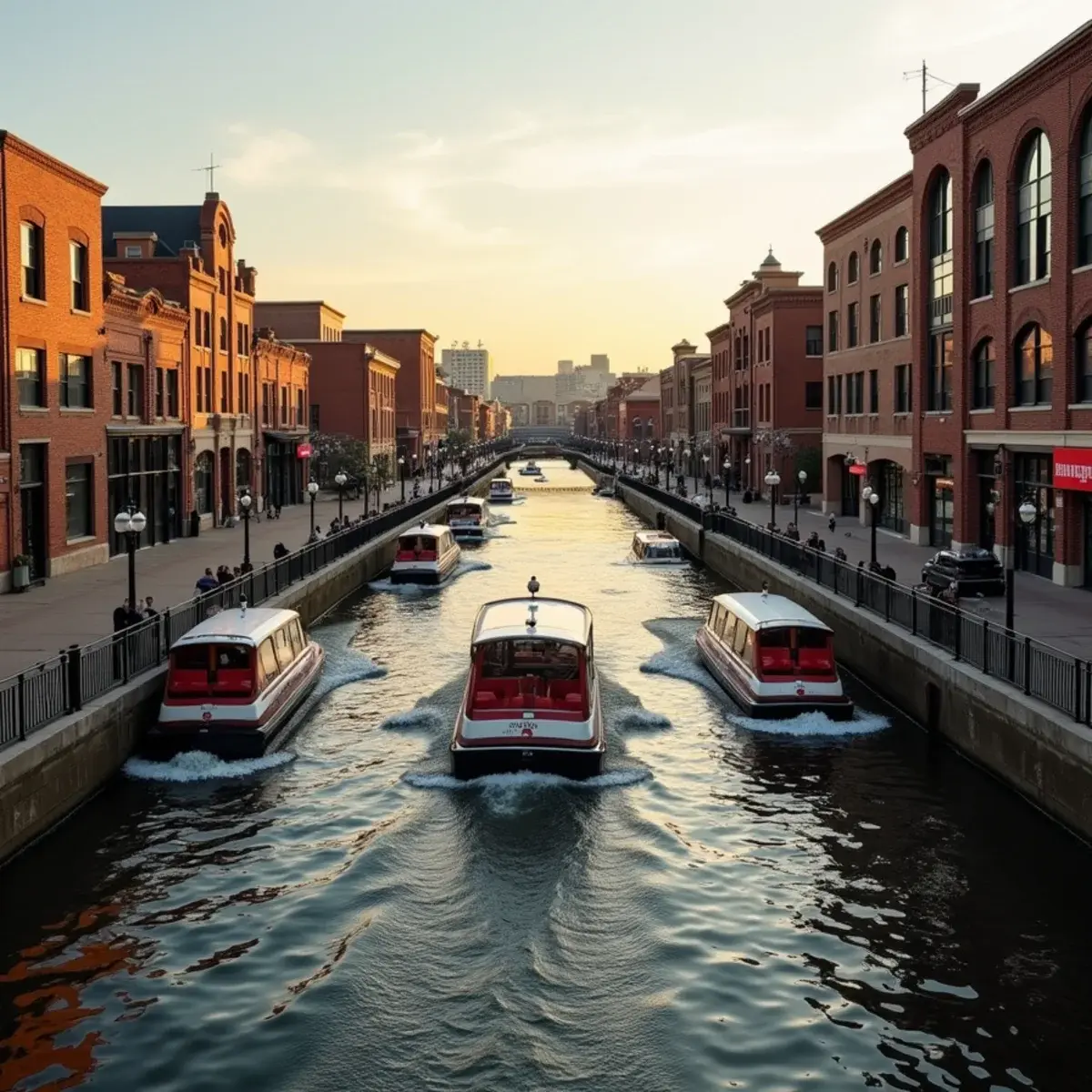 Flights to Oklahoma City: Oklahoma City Bricktown canal with brick warehouses and water taxis, evening light