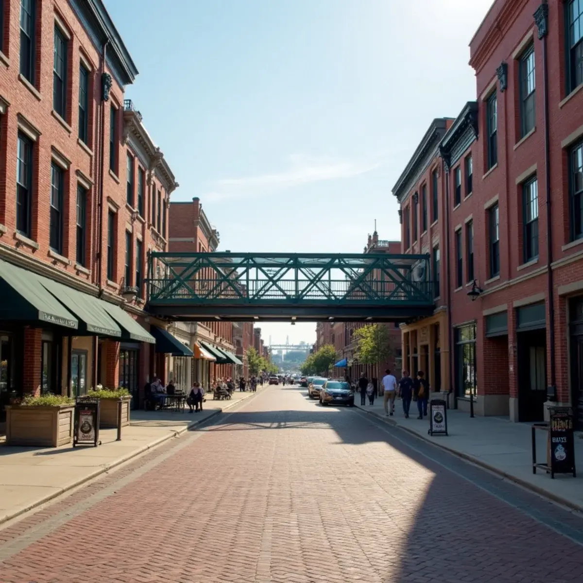 Flights to Omaha: Omaha Old Market brick streets with the Bob Kerrey pedestrian bridge over the Missouri